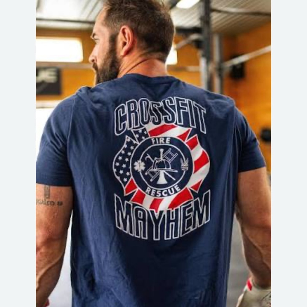 CrossFit Mayhem Firefighter T-Shirt, Men’s Medium, Rich Froning, Navy Blue - Picture 5 of 5